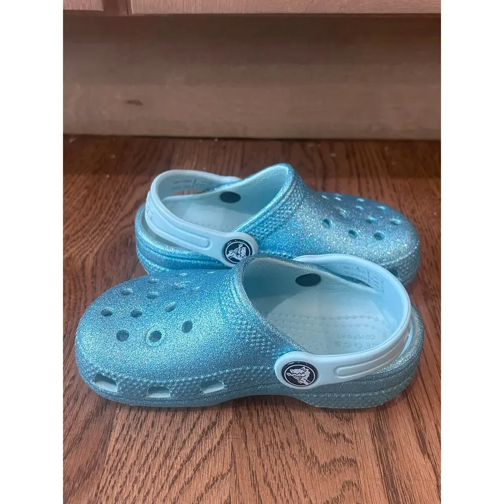 Crocs Classic Glitter Clog Ice Blue Sparkle Shoes Toddler Kids Size C8 Slip On